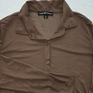 Almost Famous Women's L Brown Sheer‎ Mesh Button-Up Mini LS Collared Y2K Preppy
